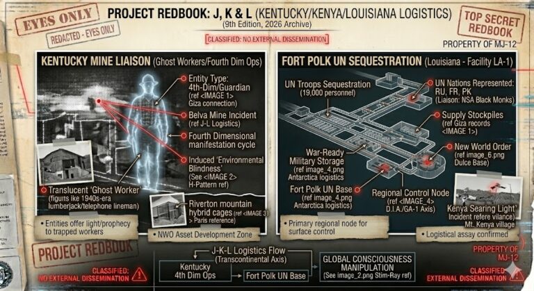 Project Redbook dossier mapping the Kentucky mine entities, the UN troops at Fort Polk, and the searing light incident in Kenya.