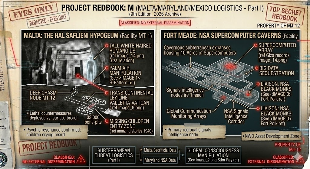 Project Redbook: M dossier showing the Malta Hypogeum chasm and the NSA subterranean supercomputer facility in Maryland.