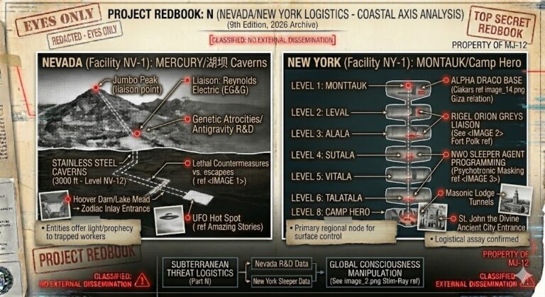 Project Redbook: N technical dossier showing the Mercury Nevada stainless steel caverns and the 8-level Montauk Camp Hero facility.