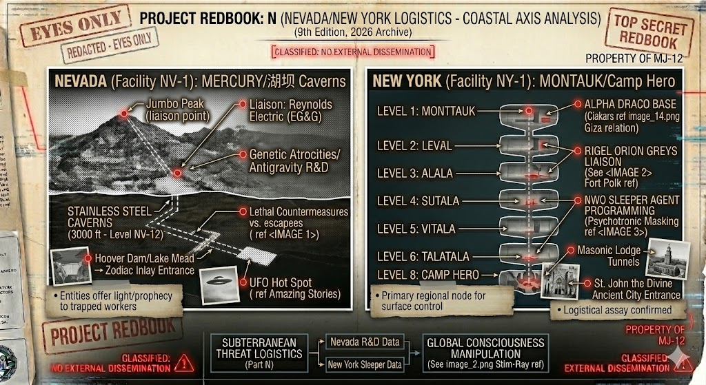 Project Redbook: N technical dossier showing the Mercury Nevada stainless steel caverns and the 8-level Montauk Camp Hero facility.