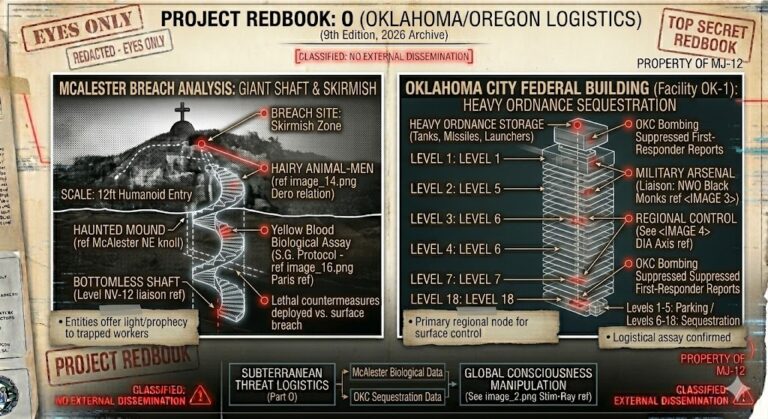 Project Redbook: O dossier illustrating the McAlester giant staircase and the 18-level underground military base in Oklahoma City.