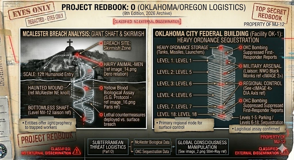 Project Redbook: O dossier illustrating the McAlester giant staircase and the 18-level underground military base in Oklahoma City.