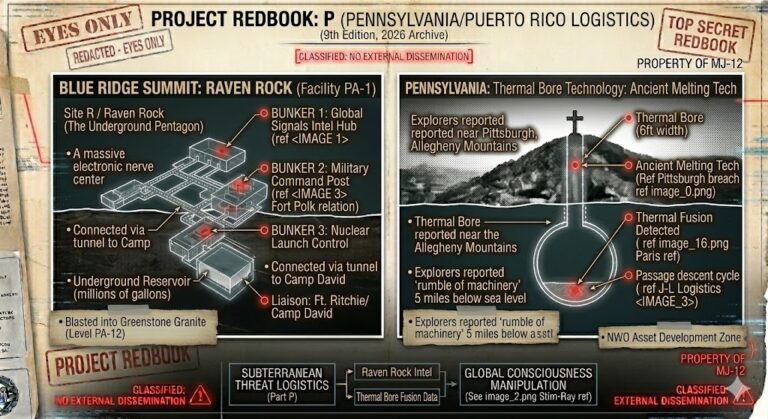Project Redbook: P dossier featuring the Raven Rock Underground Pentagon and the thermal bore shafts discovered in Pennsylvania.