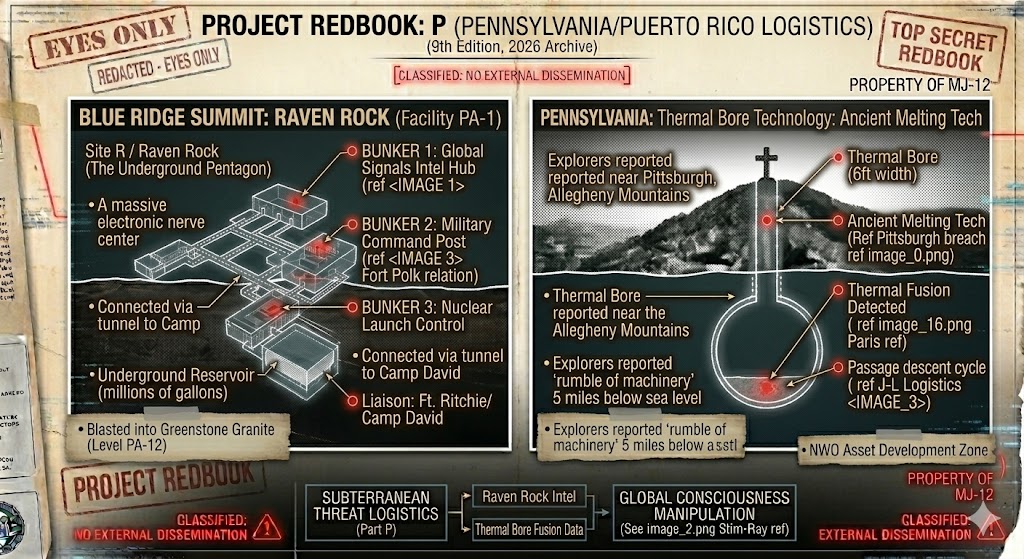 Project Redbook: P dossier featuring the Raven Rock Underground Pentagon and the thermal bore shafts discovered in Pennsylvania.