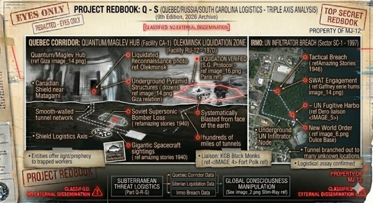 Project Redbook dossier detailing the Quebec Quantum corridor, the 1970 Siberian saucer base destruction, and the South Carolina UN tunnel battl
