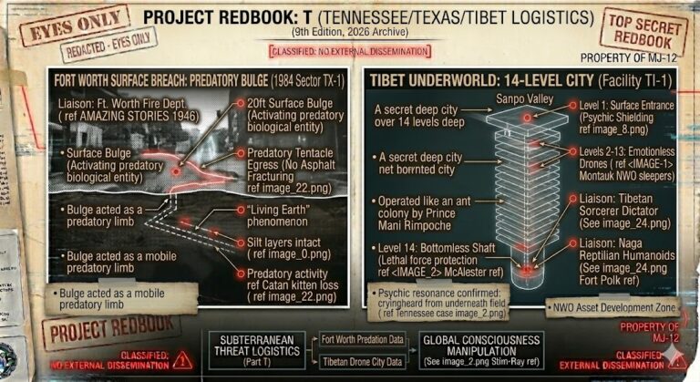 Project Redbook: T dossier detailing the Fort Worth predatory ground bulge and the 14-level underground city in Tibet.