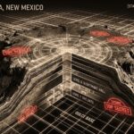 Sepia-toned high-contrast map of Archuleta Mesa with a neon schematic overlay revealing the seven-level DUMB base and the phrase 'Cosmic Top Secret'.