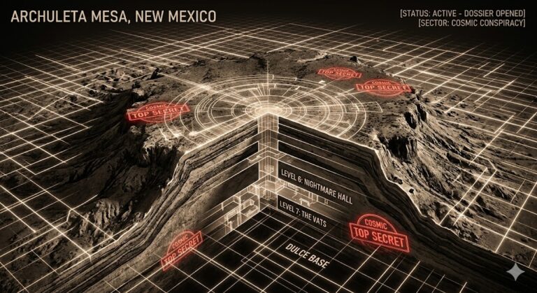 Sepia-toned high-contrast map of Archuleta Mesa with a neon schematic overlay revealing the seven-level DUMB base and the phrase 'Cosmic Top Secret'.