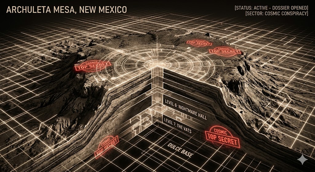 Sepia-toned high-contrast map of Archuleta Mesa with a neon schematic overlay revealing the seven-level DUMB base and the phrase 'Cosmic Top Secret'.