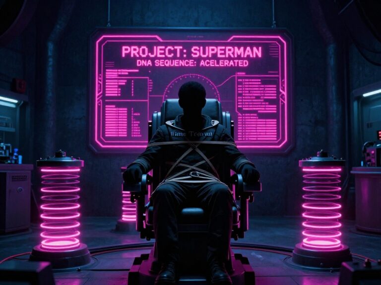 Tactical 1970s-style visualization of the Montauk chair and psychological conditioning labs of Project Superman.