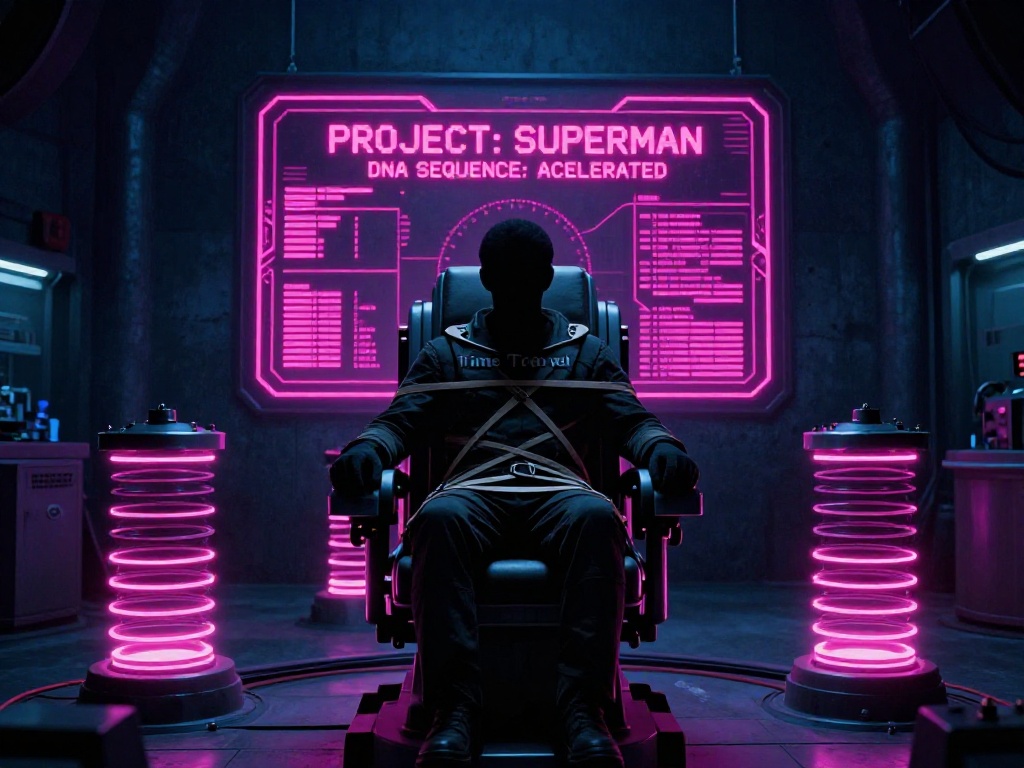 Tactical 1970s-style visualization of the Montauk chair and psychological conditioning labs of Project Superman.