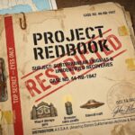 A weathered, 1940s-era "Top Secret" military dossier titled "PROJECT REDBOOK." The cover features stamps for "RESTRICTED," the "U.S. Army Ordnance Corps," and small icons of the Mount Illampu gate, a Brewster mine candle, and a discoid craft.