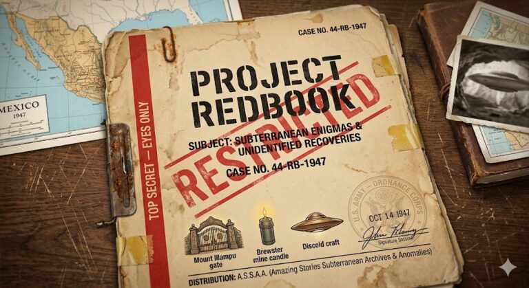 A weathered, 1940s-era "Top Secret" military dossier titled "PROJECT REDBOOK." The cover features stamps for "RESTRICTED," the "U.S. Army Ordnance Corps," and small icons of the Mount Illampu gate, a Brewster mine candle, and a discoid craft.
