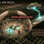 Tactical cutaway schematic of the direct kinetic conflict between human forces and aliens during Operation Retaliation at the Dulce Base.