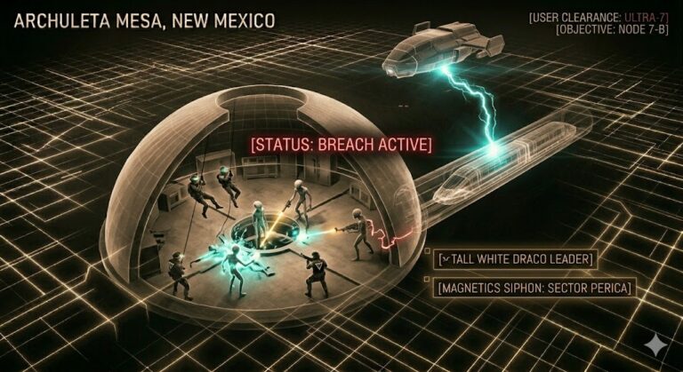 Tactical cutaway schematic of the direct kinetic conflict between human forces and aliens during Operation Retaliation at the Dulce Base.