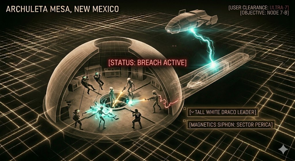 Tactical cutaway schematic of the direct kinetic conflict between human forces and aliens during Operation Retaliation at the Dulce Base.