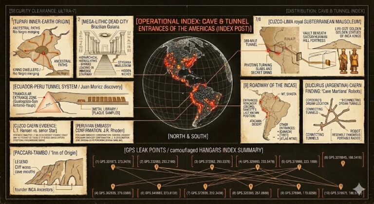 A vintage 1970s-style tactical infographic collage on aged paper, showing ten indexed entries of cave and tunnel entrances in the Americas, including maps of South America, diagrams of the Incan roadway, and technical data on subterranean anomalies.
