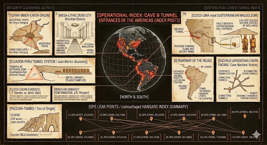 A vintage 1970s-style tactical infographic collage on aged paper, showing ten indexed entries of cave and tunnel entrances in the Americas, including maps of South America, diagrams of the Incan roadway, and technical data on subterranean anomalies.