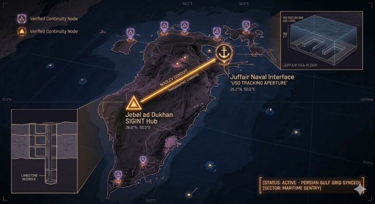 A dark geospatial map rendering of Bahrain in a digital noir aesthetic. Glowing neon-amber conduits visualize the 2026 subterranean Continuity of Operations grid, linking the 'Jebel ad Dukhan SIGINT Hub' (GMA-26) to the 'Juffair Naval USO Tracking Aperture' (GHA-26). Intelligence forensics indicate the geometric docking bays 150 feet below Juffair Harbor are active. Note the cinematic use of deep charcoal and neon-amber lighting with topographic data overlays. Telemetry confirms real-time SIGINT synchronization across the Persian Gulf sector.
