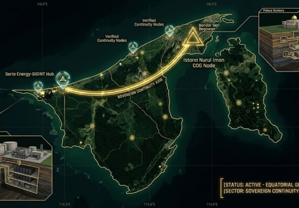 A dark geospatial map rendering of Brunei in a digital noir aesthetic. Glowing neon-gold conduits visualize the 2026 subterranean Continuity of Operations grid, linking the 'Istana Nurul Iman Royal COG Hub' (GMA-26) to the 'Seria deep-strata data-vaults' (GHA-26). Intelligence forensics indicate the 'Temburong Jungle Apertures' (GRA-26) are synchronized. Telemetry confirms real-time SIGINT synchronization across the equatorial and maritime sector.