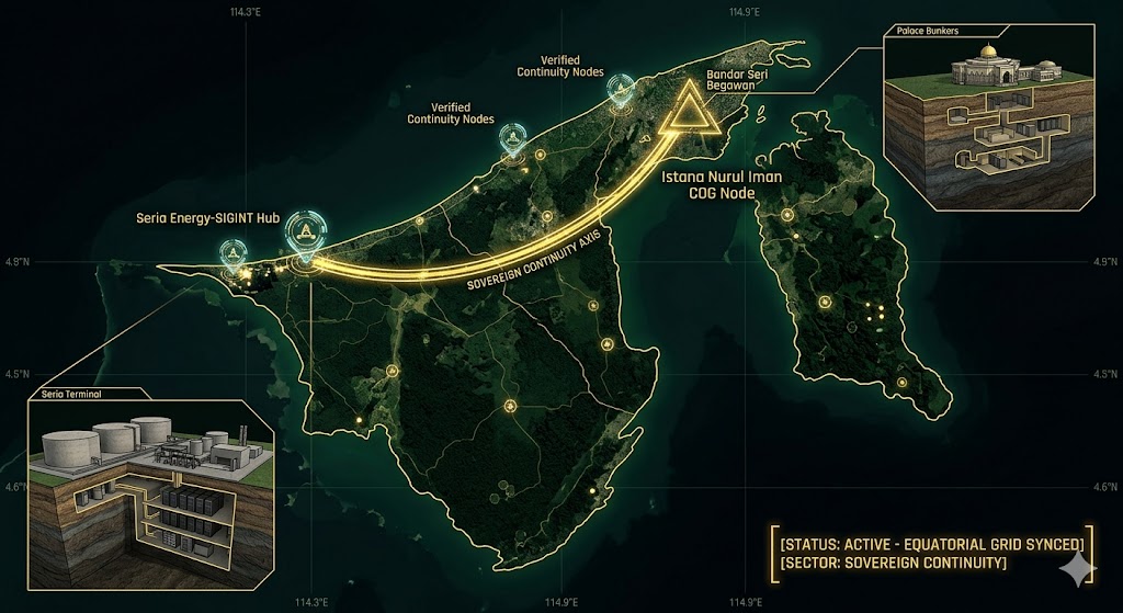 A dark geospatial map rendering of Brunei in a digital noir aesthetic. Glowing neon-gold conduits visualize the 2026 subterranean Continuity of Operations grid, linking the 'Istana Nurul Iman Royal COG Hub' (GMA-26) to the 'Seria deep-strata data-vaults' (GHA-26). Intelligence forensics indicate the 'Temburong Jungle Apertures' (GRA-26) are synchronized. Telemetry confirms real-time SIGINT synchronization across the equatorial and maritime sector.