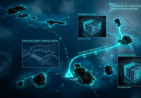 A dark geospatial map rendering of Cape Verde in a digital noir aesthetic. Glowing neon-cyan conduits visualize the 2026 subterranean grid, linking the 'Palmarejo Cable Landing Station' (GMA-26) in Praia to the 'Sal Island Battery Vault' (GHA-26). Intelligence forensics indicate the 'Fortim d’El-Rei' (GRA-26) is synchronized. Telemetry confirms real-time SIGINT synchronization across the Atlantic sector.