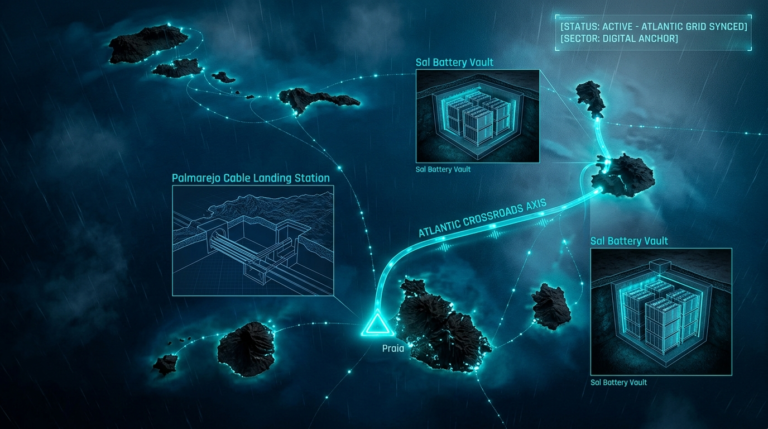 A dark geospatial map rendering of Cape Verde in a digital noir aesthetic. Glowing neon-cyan conduits visualize the 2026 subterranean grid, linking the 'Palmarejo Cable Landing Station' (GMA-26) in Praia to the 'Sal Island Battery Vault' (GHA-26). Intelligence forensics indicate the 'Fortim d’El-Rei' (GRA-26) is synchronized. Telemetry confirms real-time SIGINT synchronization across the Atlantic sector.