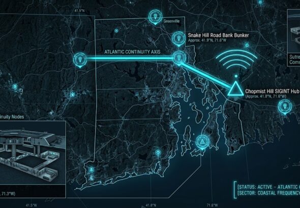 A dark geospatial map rendering of Rhode Island in a digital noir aesthetic. Glowing neon-cyan conduits visualize the 2026 subterranean Continuity of Operations grid, linking the 'Chopmist Hill SIGINT Hub' (GMA-26) to the 'Snake Hill Road Bank Vault' (GHA-26). Intelligence forensics indicate the 'Fort Wetherill Tunnels' (GRA-26) are synchronized. Telemetry confirms real-time SIGINT synchronization across the coastal sector.