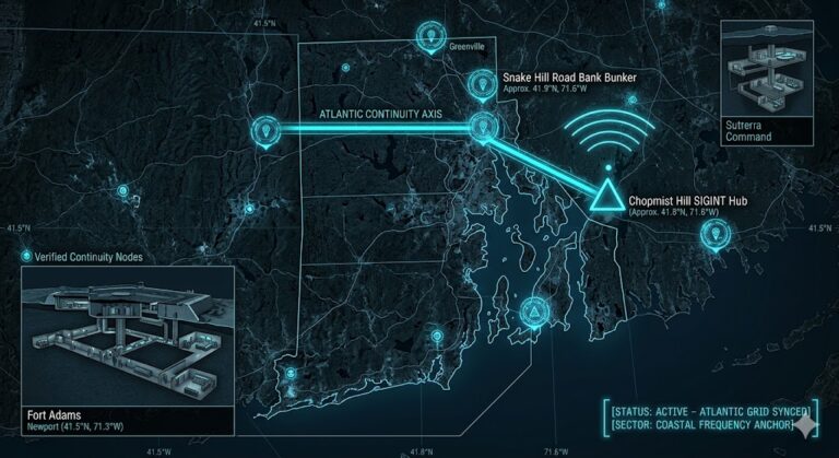 A dark geospatial map rendering of Rhode Island in a digital noir aesthetic. Glowing neon-cyan conduits visualize the 2026 subterranean Continuity of Operations grid, linking the 'Chopmist Hill SIGINT Hub' (GMA-26) to the 'Snake Hill Road Bank Vault' (GHA-26). Intelligence forensics indicate the 'Fort Wetherill Tunnels' (GRA-26) are synchronized. Telemetry confirms real-time SIGINT synchronization across the coastal sector.