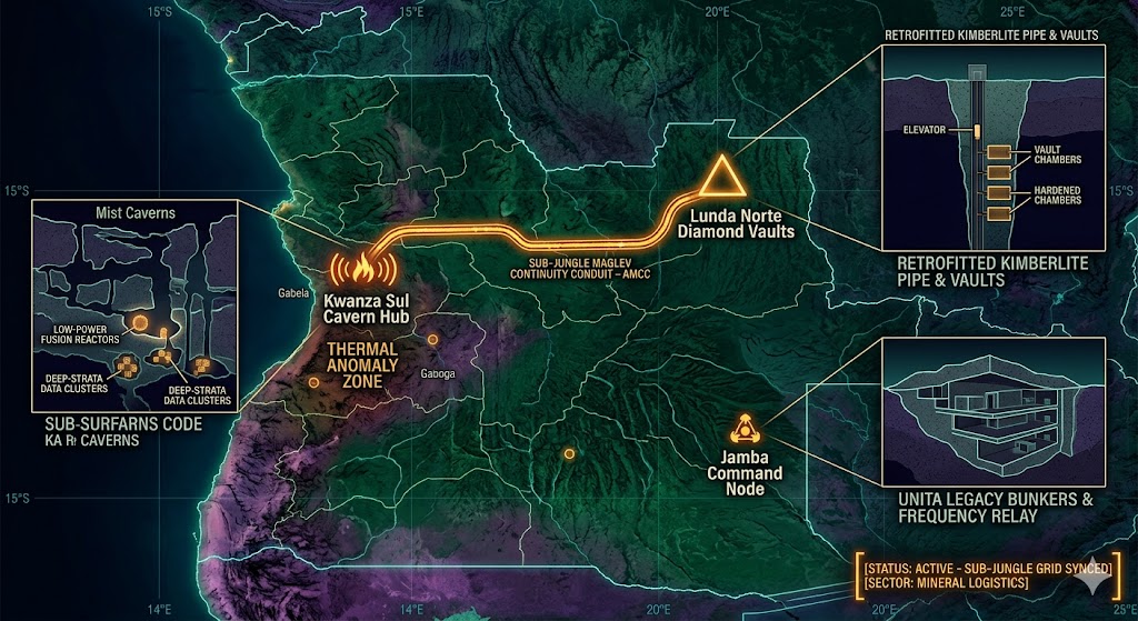 A dark, high-resolution geospatial map rendering of Angola in a digital noir aesthetic. Glowing neon-amber conduits visualize the 2026 subterranean Continuity of Operations grid, linking the 'Lunda Norte Diamond Vaults' (GMA-26) to the 'Kwanza Sul Cavern Hub' (GHA-26). Intelligence forensics indicate the UNITA Jamba Node (GRA-26) is synchronized. Telemetry confirms real-time SIGINT synchronization across the sub-jungle sector.