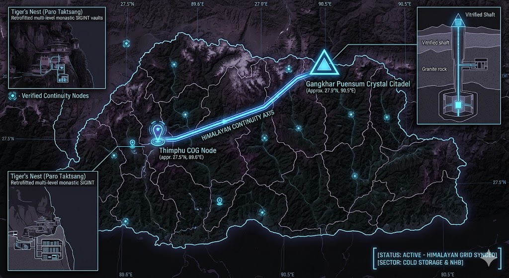A dark geospatial map rendering of Bhutan in a digital noir aesthetic. Glowing neon-blue conduits visualize the 2026 subterranean Continuity of Operations grid, linking the 'Gangkhar Puensum Crystal Citadel' (GMA-26) to the 'Thimphu COG Node' (GHA-26). Intelligence forensics indicate the 'Tiger's Nest monastic SIGINT vaults' (GRA-26) are synchronized. Telemetry confirms real-time SIGINT synchronization across the high-altitude sector.