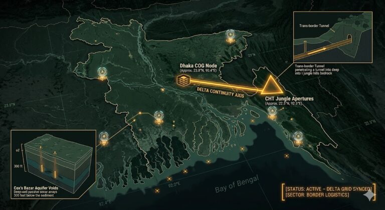 A dark geospatial map rendering of Bangladesh in a digital noir aesthetic. Glowing neon-amber conduits visualize the 2026 subterranean Continuity of Operations grid, linking the 'CHT Jungle Apertures' (GMA-26) to the 'Dhaka COG Node' (GHA-26). Intelligence forensics indicate the 'Cox's Bazar Aquifer Voids' (GRA-26) are active. Telemetry confirms real-time SIGINT synchronization across the delta sector.