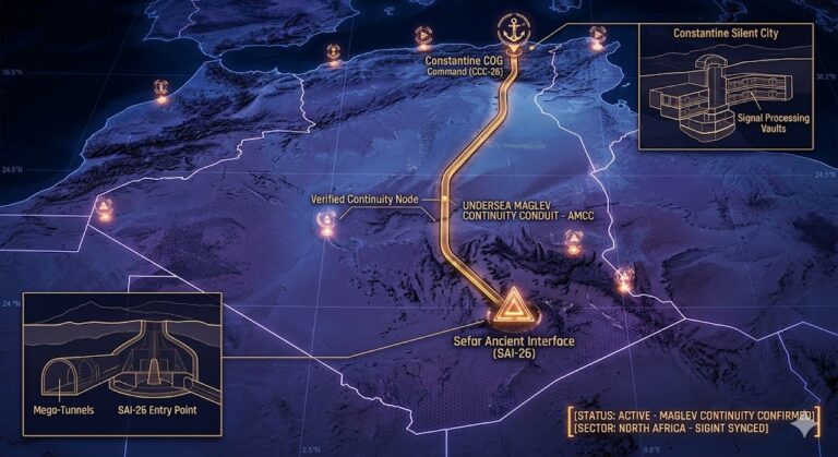 High-resolution geospatial map of Algeria rendered in a digital noir palette of deep blues, purples, and glowing neon-amber data points. The map shows the thick, amber maglev transport conduit line (AMCC-26) running northward beneath the Saharan crust, following natural geological shielding. This conduit explicitly connects the 'Sefar Ancient Interface (SAI-26)' (with a detailed cross-section of prehistoric mega-tunnels) to the 'Constantine COG Command (CCC-26)' (with an inset cross-section diagram of the 'Silent City' signal processing vaults), illustrating the active 2026 subterranean Continuity of Operations grid.