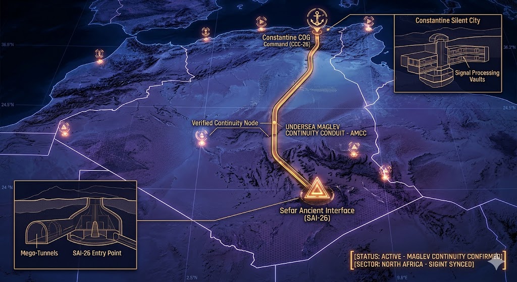 High-resolution geospatial map of Algeria rendered in a digital noir palette of deep blues, purples, and glowing neon-amber data points. The map shows the thick, amber maglev transport conduit line (AMCC-26) running northward beneath the Saharan crust, following natural geological shielding. This conduit explicitly connects the 'Sefar Ancient Interface (SAI-26)' (with a detailed cross-section of prehistoric mega-tunnels) to the 'Constantine COG Command (CCC-26)' (with an inset cross-section diagram of the 'Silent City' signal processing vaults), illustrating the active 2026 subterranean Continuity of Operations grid.