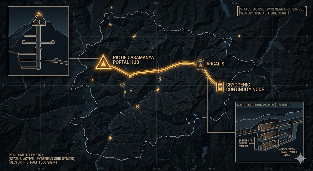 A dark, high-resolution geospatial map rendering of the Principality of Andorra in a digital noir aesthetic. Growing neon-amber conduits visualize the 2026 subterranean Continuity of Operations grid, linking the 'Pic de Casamanya Portal Hub' (GMA-26) to the 'Arcalís Cryogenic Continuity Node' (GHA-26). Intelligence forensics indicate the multi-tiered Radio Andorra vaults in Encamp (GRA-26) are synchronized. Telemetry confirms real-time SIGINT synchronization across the high-altitude sector.