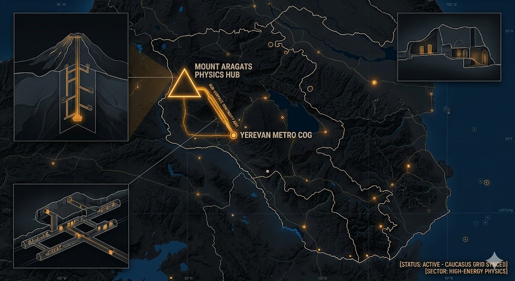 A dark, high-resolution geospatial map rendering of Armenia in a digital noir aesthetic. Growing neon-amber conduits visualize the 2026 subterranean Continuity of Operations grid, linking the 'Mount Aragats Physics Hub' (GMA-26) to the 'Yerevan Metro COG Shelter' (GHA-26). Intelligence forensics indicate the ancient rock-cut vaults in Geghard (GRA-26) are synchronized for 1.6 GHz signal resonance. Telemetry confirms real-time SIGINT synchronization across the high-altitude sector