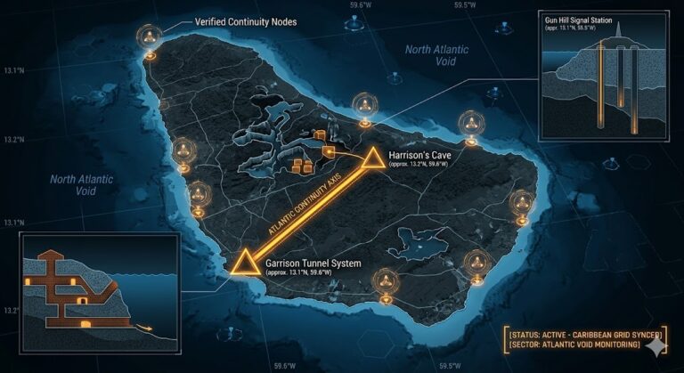 A dark geospatial map rendering of Barbados in a digital noir aesthetic. Glowing neon-amber conduits visualize the 2026 subterranean Continuity of Operations grid, linking the 'Garrison Tunnel System' (GMA-26) to the 'Harrison's Cave deep-strata vaults' (GHA-26). Intelligence forensics indicate the 'Gun Hill Signal Station' (GRA-26) is synchronized. Telemetry confirms real-time SIGINT synchronization across the Caribbean and Atlantic sector.