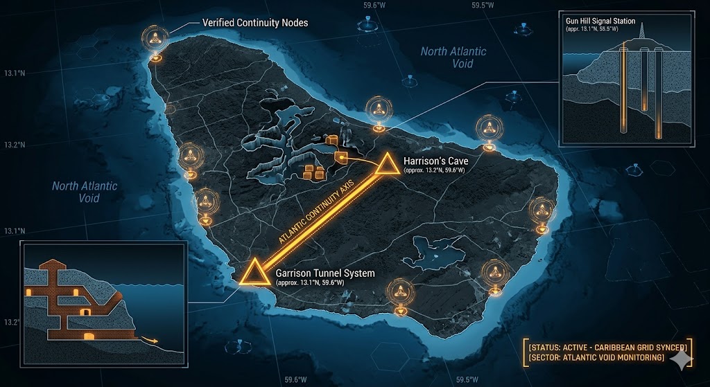 A dark geospatial map rendering of Barbados in a digital noir aesthetic. Glowing neon-amber conduits visualize the 2026 subterranean Continuity of Operations grid, linking the 'Garrison Tunnel System' (GMA-26) to the 'Harrison's Cave deep-strata vaults' (GHA-26). Intelligence forensics indicate the 'Gun Hill Signal Station' (GRA-26) is synchronized. Telemetry confirms real-time SIGINT synchronization across the Caribbean and Atlantic sector.