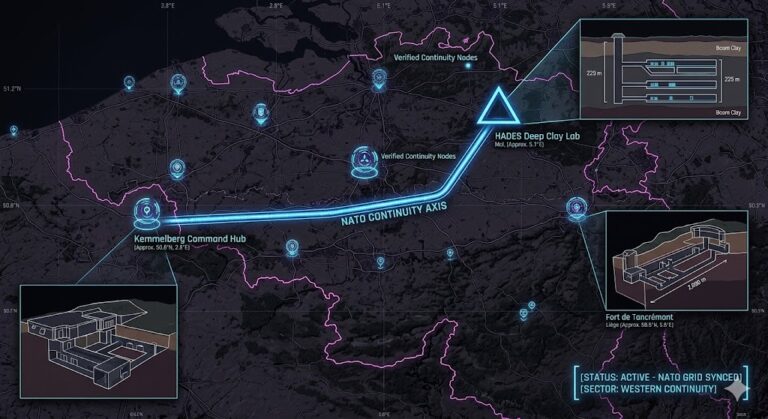 A dark geospatial map rendering of Belgium in a digital noir aesthetic. Glowing neon-blue conduits visualize the 2026 subterranean Continuity of Operations grid, linking the 'HADES Deep Clay Lab' (GMA-26) to the 'Kemmelberg Command Hub' (GHA-26). Intelligence forensics indicate the 'Fort de Tancrémont' (GRA-26) is synchronized. Telemetry confirms real-time SIGINT synchronization across the high-density sector.