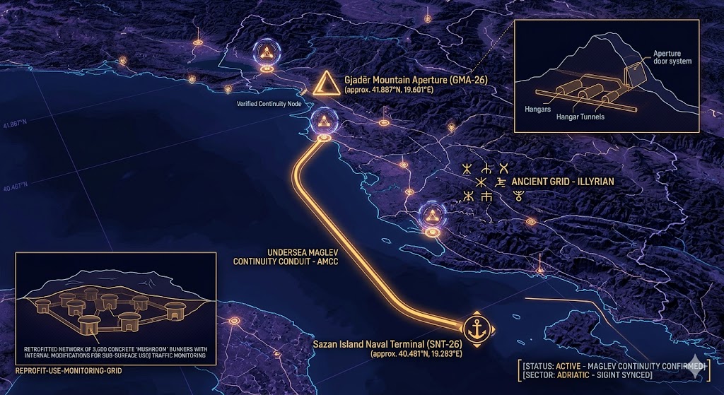 High-resolution digital noir map of Albania, visualizing the 2026 Continuity of Operations grid with a thick amber maglev transport conduit connecting the Gjadër Mountain Aperture (GMA-26) to the Sazan Island Naval Terminal (SNT-26), illustrating the deep-strata link and retrofitted mushroom bunker grid.