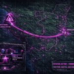Digital noir geospatial map of the Republic of the Congo showing the subterranean link between the Pointe-Noire data vaults and Brazzaville command node, with neon-magenta conduits.