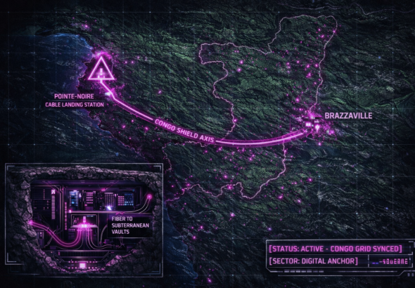 Digital noir geospatial map of the Republic of the Congo showing the subterranean link between the Pointe-Noire data vaults and Brazzaville command node, with neon-magenta conduits.