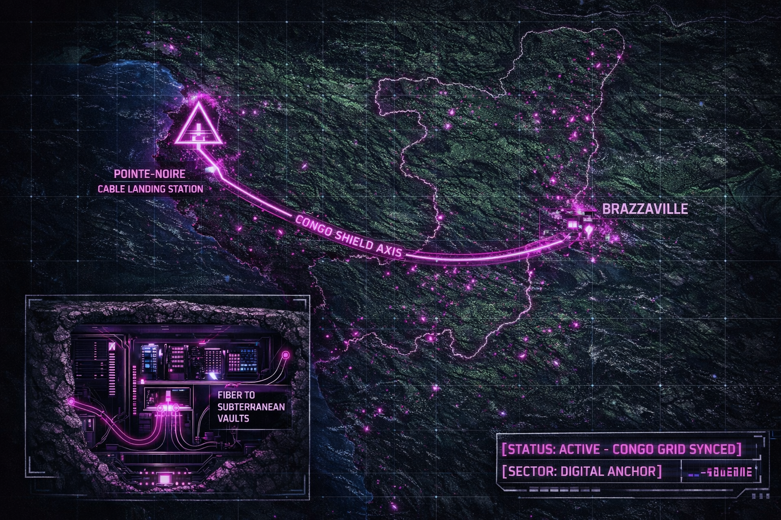 Digital noir geospatial map of the Republic of the Congo showing the subterranean link between the Pointe-Noire data vaults and Brazzaville command node, with neon-magenta conduits.