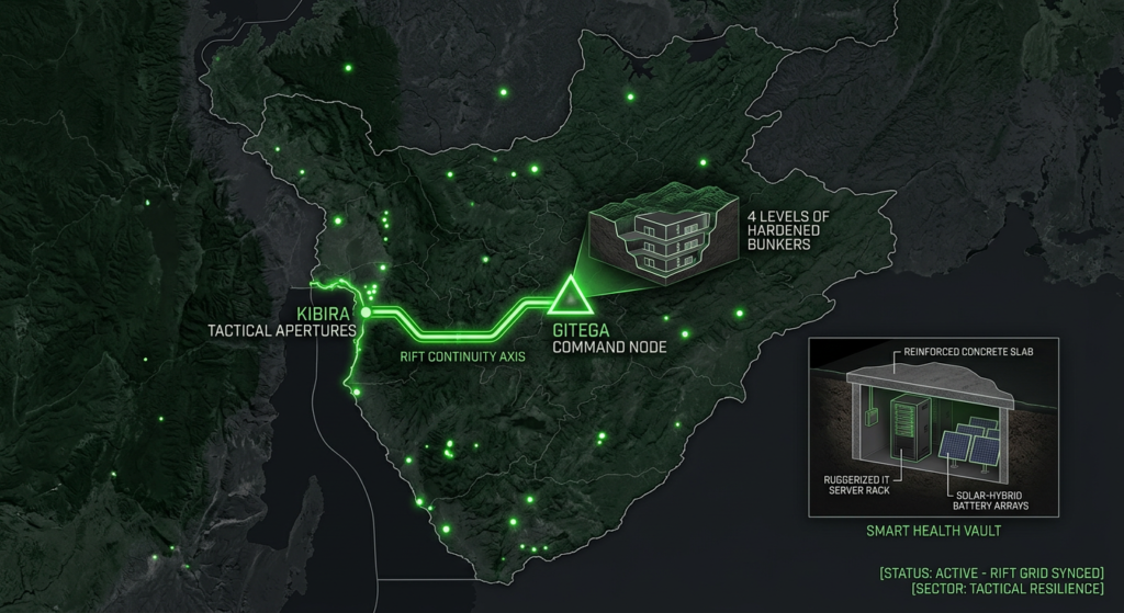 Digital noir geospatial map of Burundi showing glowing neon-green conduits connecting the Gitega Command Node to the Kibira Tactical Apertures. Inset reveals a cross-section of a solar-hardened Smart Health vault.