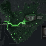 Digital noir geospatial map of Burundi showing glowing neon-green conduits connecting the Gitega Command Node to the Kibira Tactical Apertures. Inset reveals a cross-section of a solar-hardened Smart Health vault.