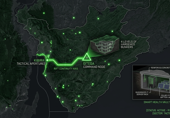 Digital noir geospatial map of Burundi showing glowing neon-green conduits connecting the Gitega Command Node to the Kibira Tactical Apertures. Inset reveals a cross-section of a solar-hardened Smart Health vault.