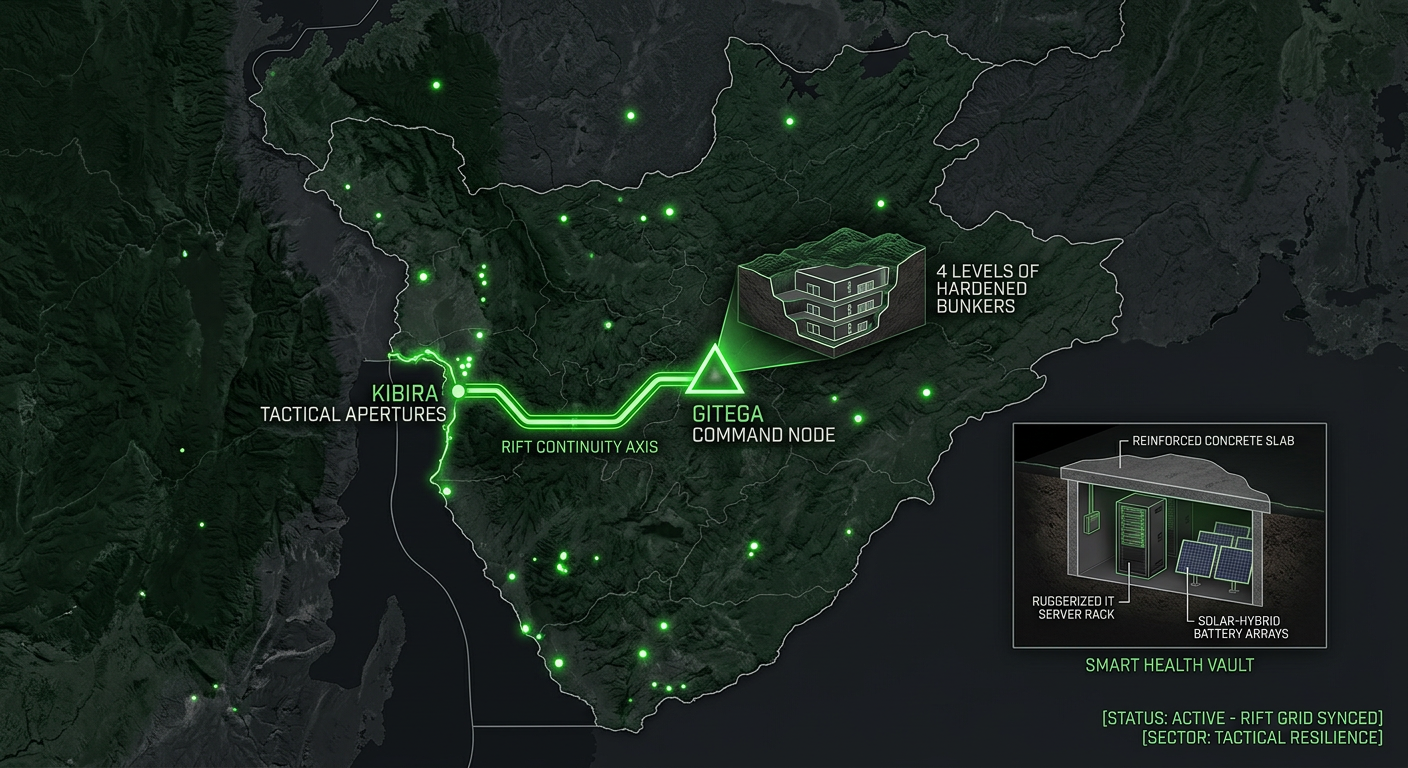 Digital noir geospatial map of Burundi showing glowing neon-green conduits connecting the Gitega Command Node to the Kibira Tactical Apertures. Inset reveals a cross-section of a solar-hardened Smart Health vault.
