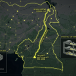 A dark geospatial map rendering of Cameroon in a digital noir aesthetic. Glowing neon-yellow conduits visualize the 2026 subterranean Continuity of Operations grid, linking the 'Unity Palace COG Node' (GMA-26) to the 'Minim Martap Mining Hub' (GHA-26). Intelligence forensics indicate 'The Bunker' (SED) is synchronized. Telemetry confirms real-time SIGINT synchronization across the Central African sector.
