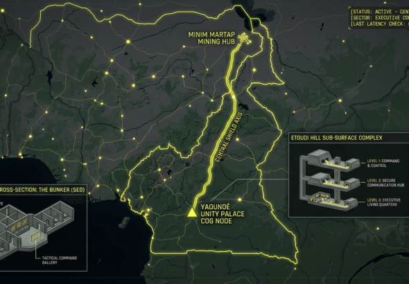 A dark geospatial map rendering of Cameroon in a digital noir aesthetic. Glowing neon-yellow conduits visualize the 2026 subterranean Continuity of Operations grid, linking the 'Unity Palace COG Node' (GMA-26) to the 'Minim Martap Mining Hub' (GHA-26). Intelligence forensics indicate 'The Bunker' (SED) is synchronized. Telemetry confirms real-time SIGINT synchronization across the Central African sector.