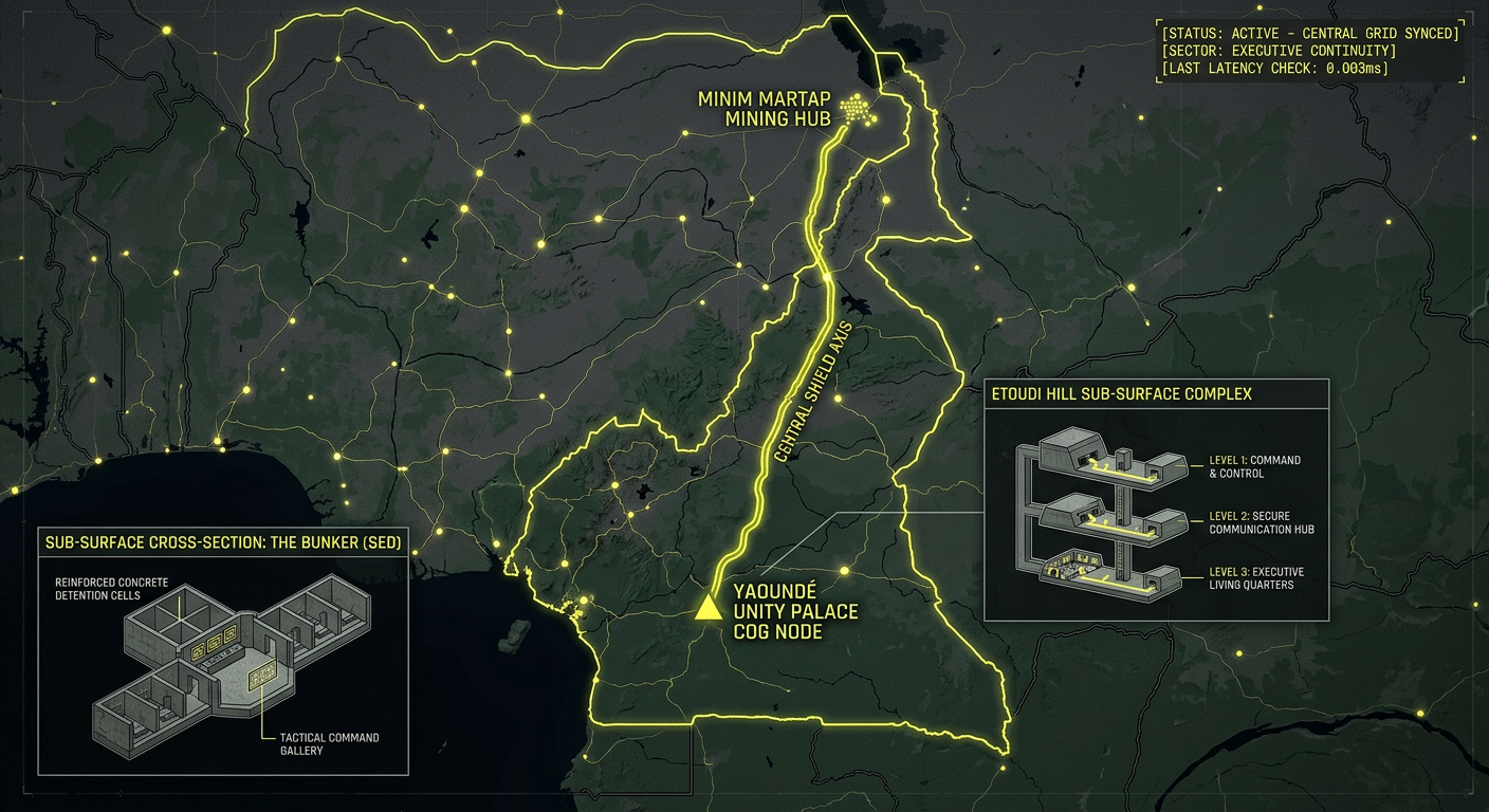 A dark geospatial map rendering of Cameroon in a digital noir aesthetic. Glowing neon-yellow conduits visualize the 2026 subterranean Continuity of Operations grid, linking the 'Unity Palace COG Node' (GMA-26) to the 'Minim Martap Mining Hub' (GHA-26). Intelligence forensics indicate 'The Bunker' (SED) is synchronized. Telemetry confirms real-time SIGINT synchronization across the Central African sector.